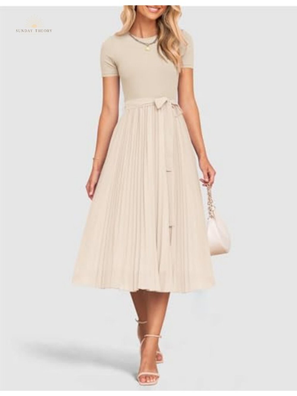 ZESICA Rib Knit Midi Dress Short Sleeve A-Line Chiffon - Picture 3 of 6